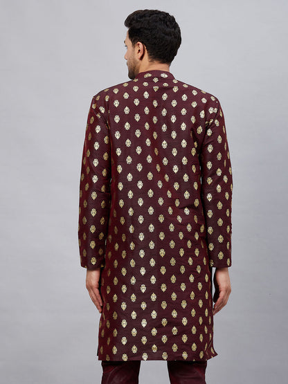 VASTRAMAY Men's Wine Foil Print Silk Blend Kurta