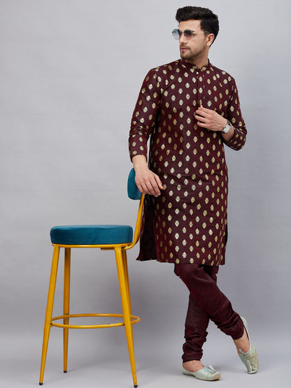 VASTRAMAY Men's Wine Foil Print Silk Blend Kurta