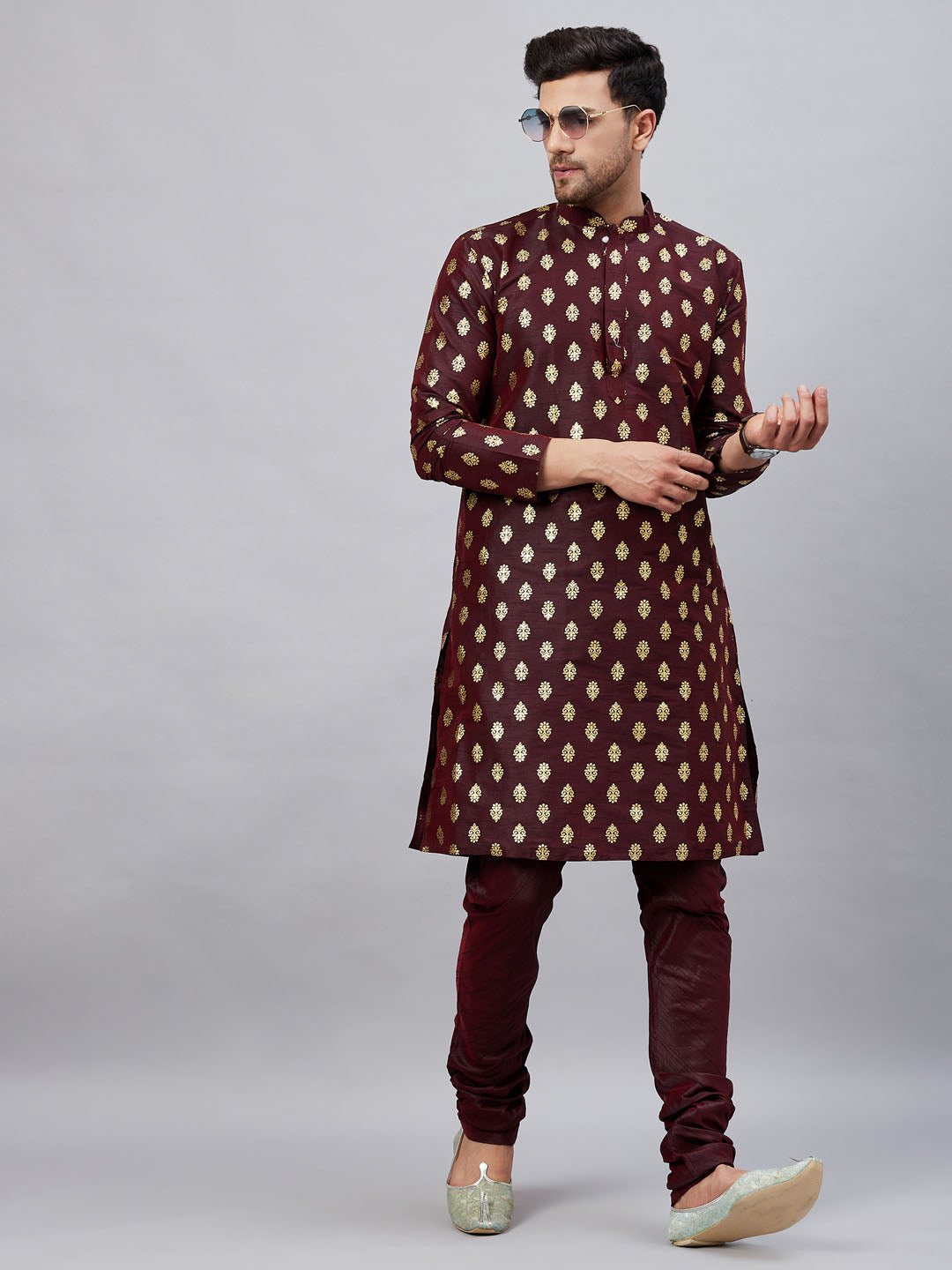 vastramay mens wine foil printed silk blend kurta and solid pyjama set