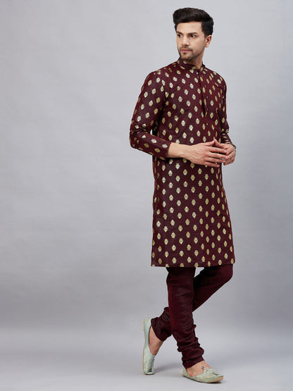 vastramay mens wine foil printed silk blend kurta and solid pyjama set