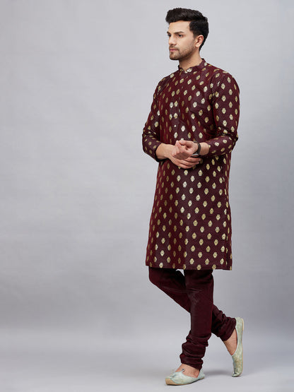 vastramay mens wine foil printed silk blend kurta and solid pyjama set