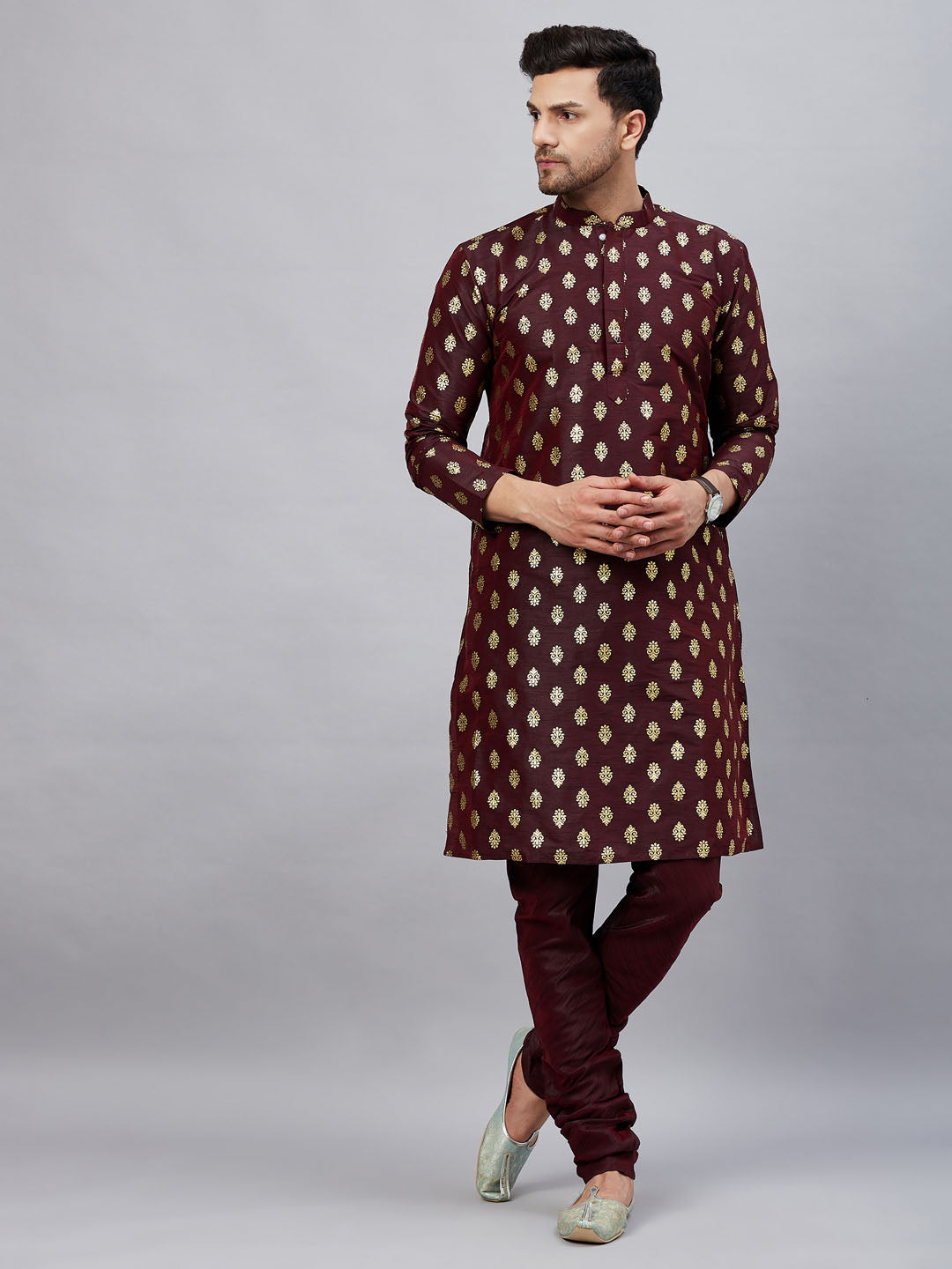 vastramay mens wine foil printed silk blend kurta and solid pyjama set