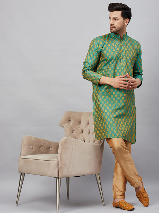 Vastramay mens green woven kurta and rose gold pant style pyjama set