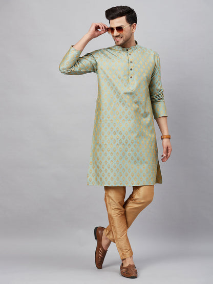 Vastramay mens mint green woven kurta and rose gold pant style pyjama set