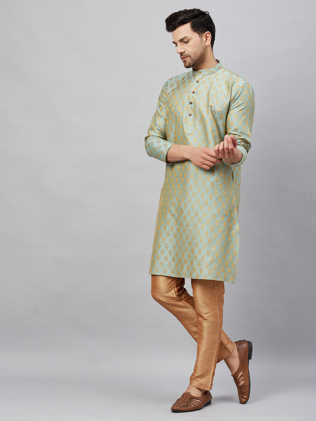 Vastramay mens mint green woven kurta and rose gold pant style pyjama set