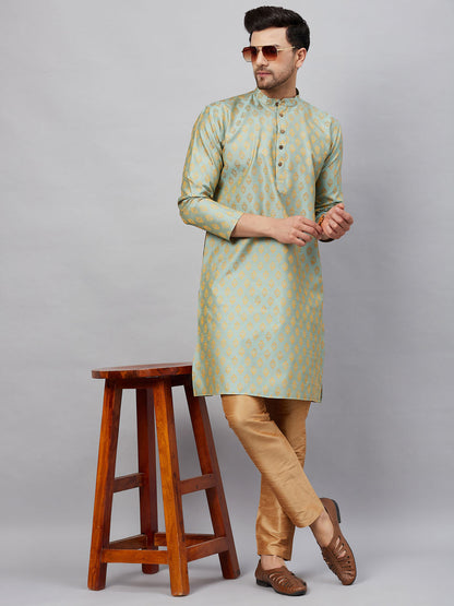 Vastramay mens mint green woven kurta and rose gold pant style pyjama set