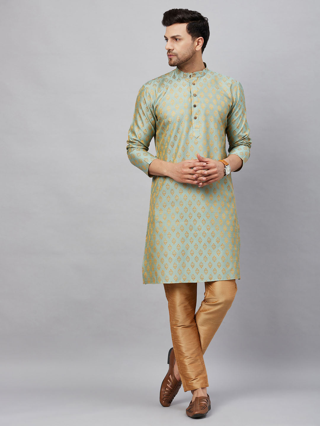 Vastramay mens mint green woven kurta and rose gold pant style pyjama set