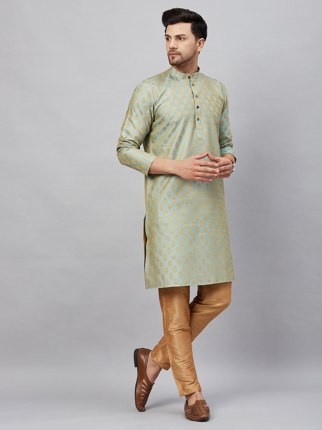 Vastramay mens mint green woven kurta and rose gold pant style pyjama set