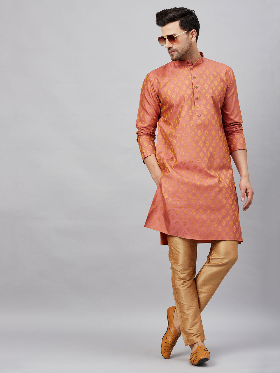 Vastramay mens pink woven kurta and rose gold pant style pyjama set