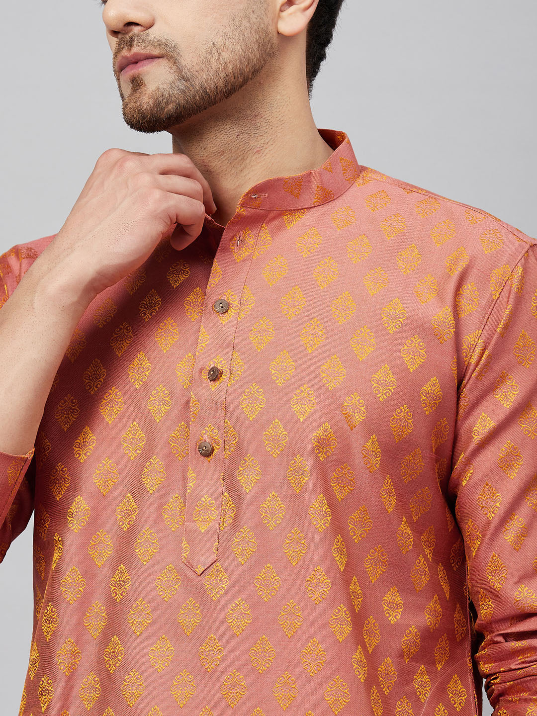 Vastramay mens pink woven kurta and rose gold pant style pyjama set