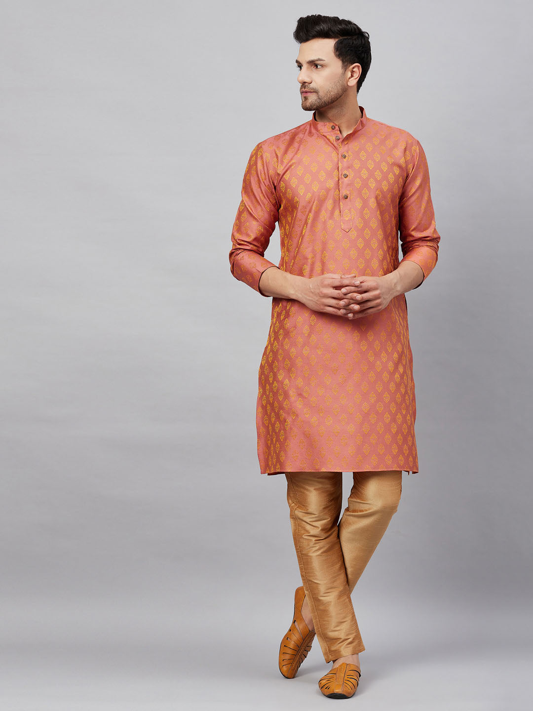 Vastramay mens pink woven kurta and rose gold pant style pyjama set