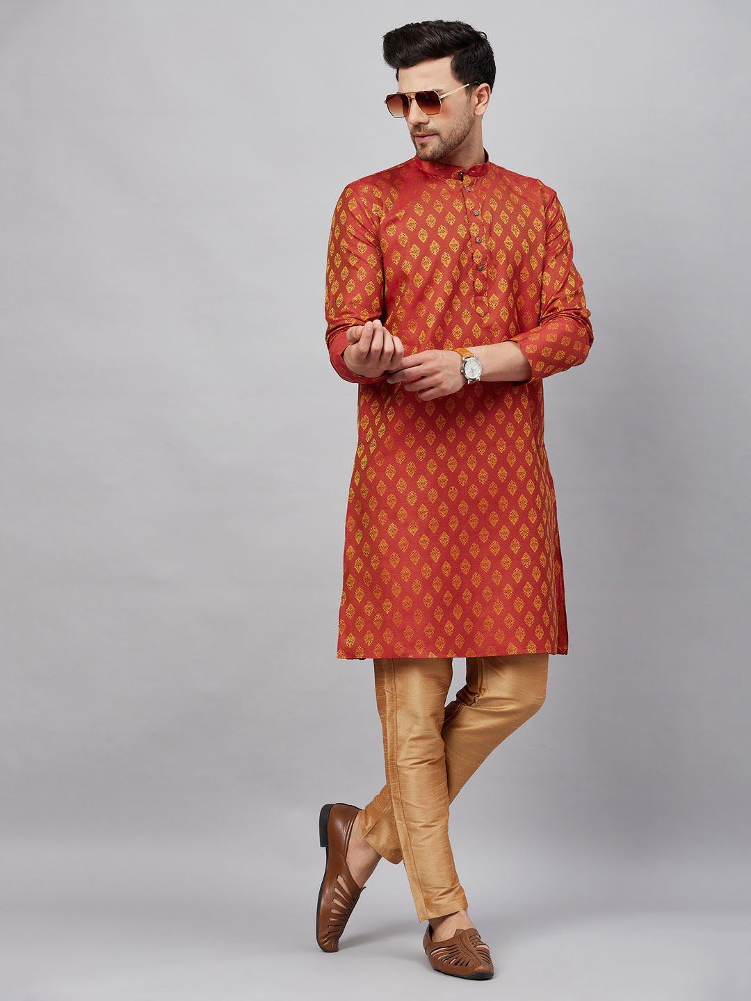 vm by vastramay mens red woven kurta and rose gold pant style pyjama set