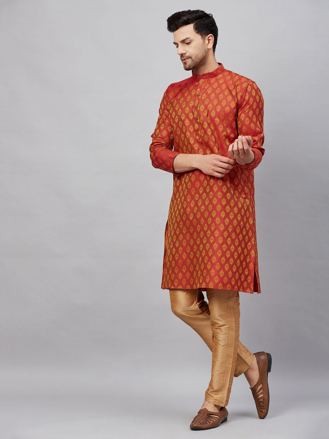 vm by vastramay mens red woven kurta and rose gold pant style pyjama set