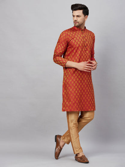 Vastramay Men's Red and Rose Gold Woven Kurta Pant Set