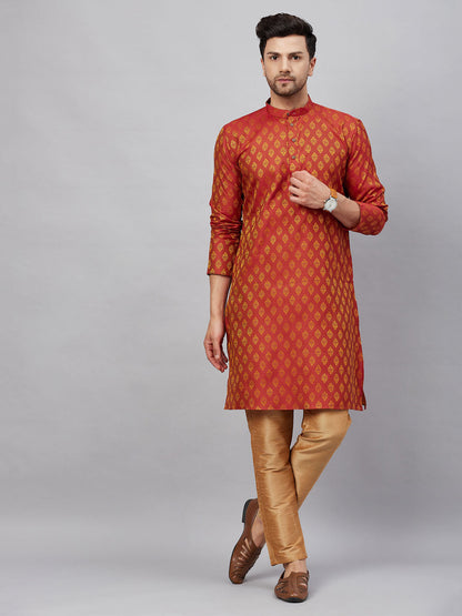 Vastramay Men's Red and Rose Gold Woven Kurta Pant Set