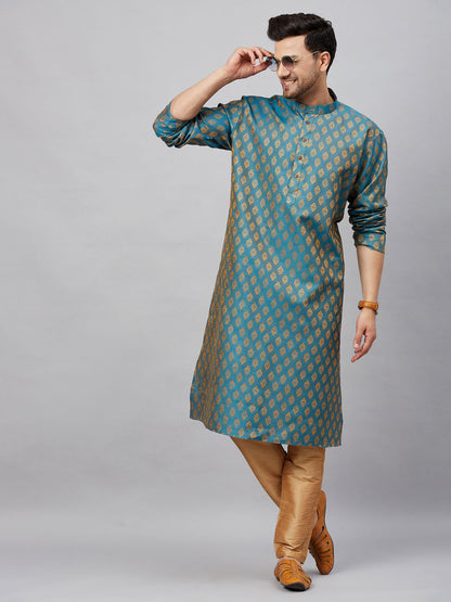 Vastramay mens turquoise blue woven kurta and rose gold pant style pyjama set