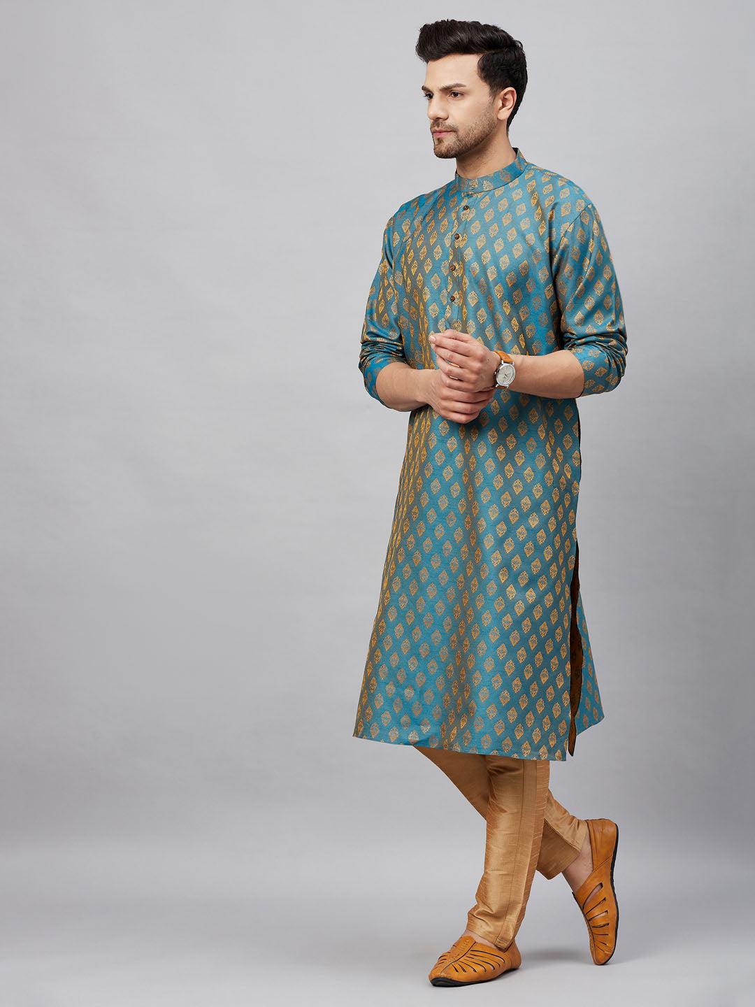 Vastramay mens turquoise blue woven kurta and rose gold pant style pyjama set