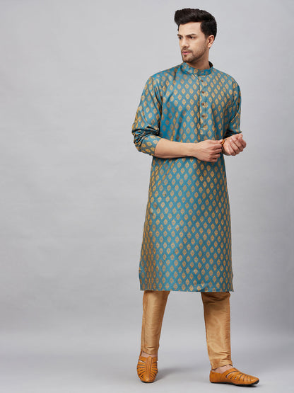 Vastramay mens turquoise blue woven kurta and rose gold pant style pyjama set