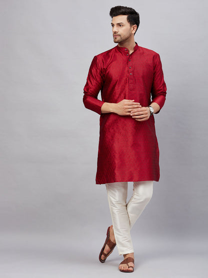 Vastramay mens maroon woven silk blend kurta with cream pant style pyjama set