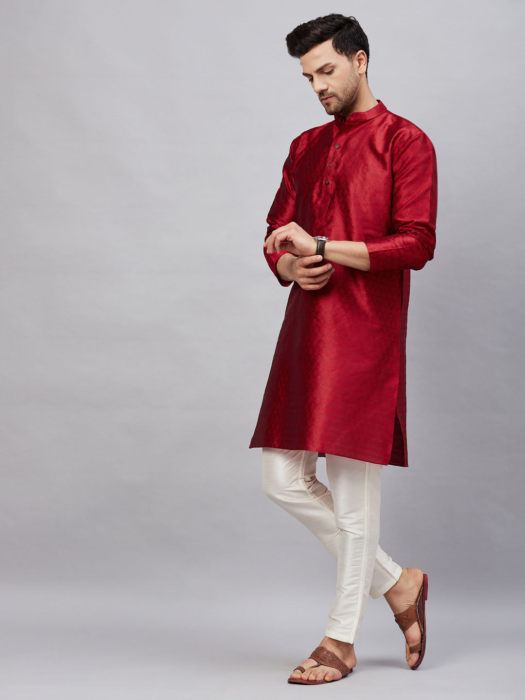 Vastramay mens maroon woven silk blend kurta with cream pant style pyjama set