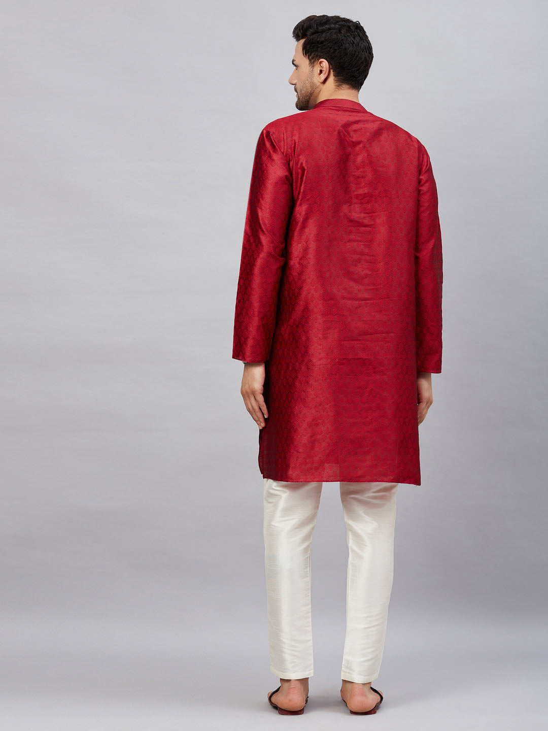 Vastramay mens maroon woven silk blend kurta with cream pant style pyjama set