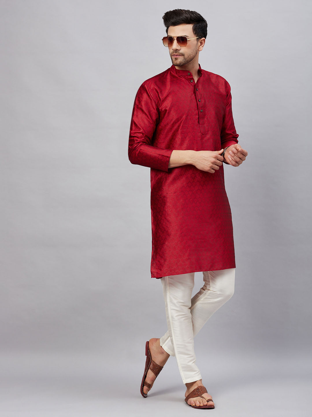 Vastramay mens maroon woven silk blend kurta with cream pant style pyjama set