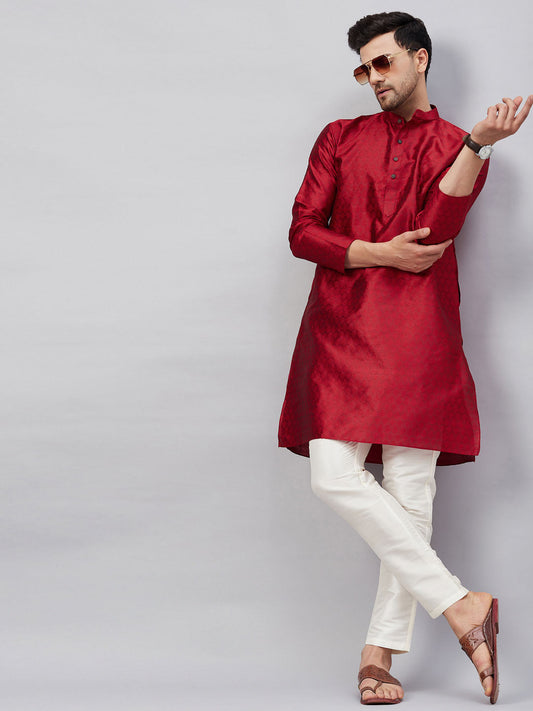 Vastramay mens maroon woven silk blend kurta with cream pant style pyjama set