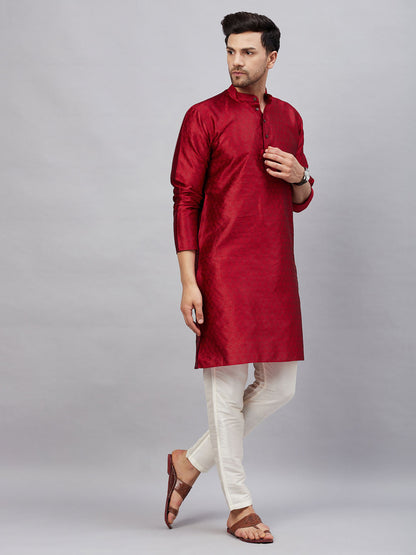 Vastramay mens maroon woven silk blend kurta with cream pant style pyjama set