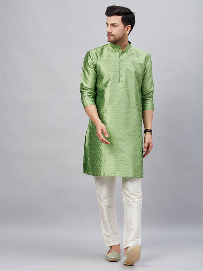 Vastramay mens mint green woven silk blend kurta with cream pant style pyjama set