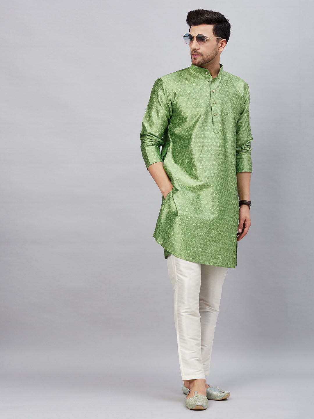 Vastramay mens mint green woven silk blend kurta with cream pant style pyjama set