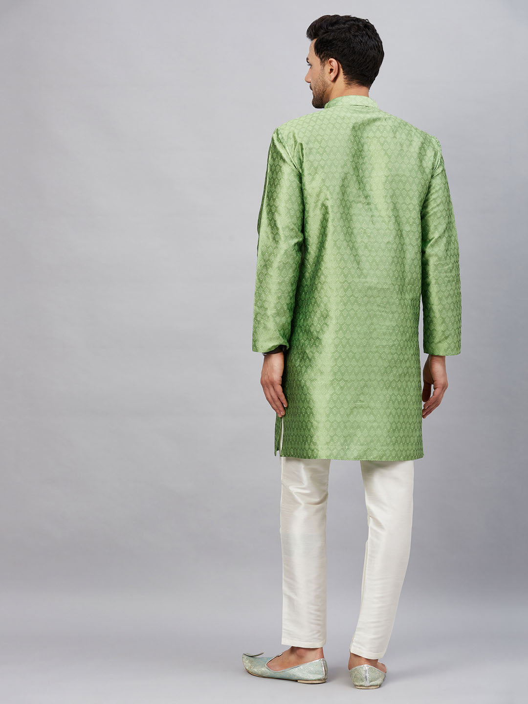 Vastramay mens mint green woven silk blend kurta with cream pant style pyjama set