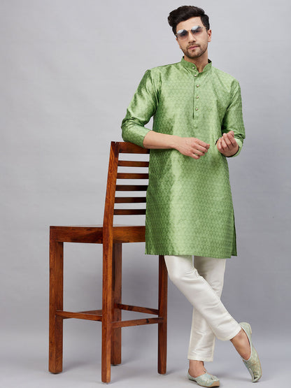 Vastramay mens mint green woven silk blend kurta with cream pant style pyjama set