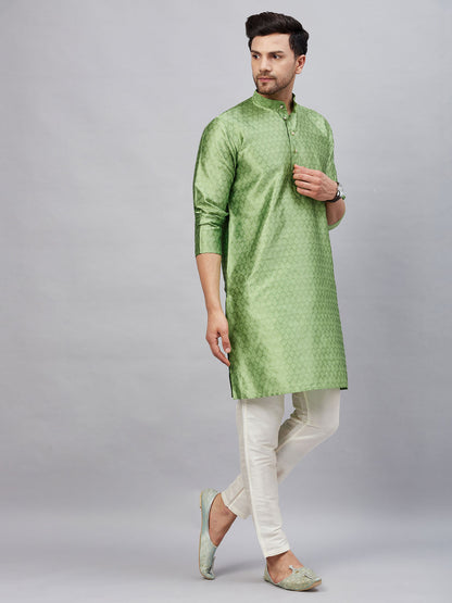 Vastramay mens mint green woven silk blend kurta with cream pant style pyjama set