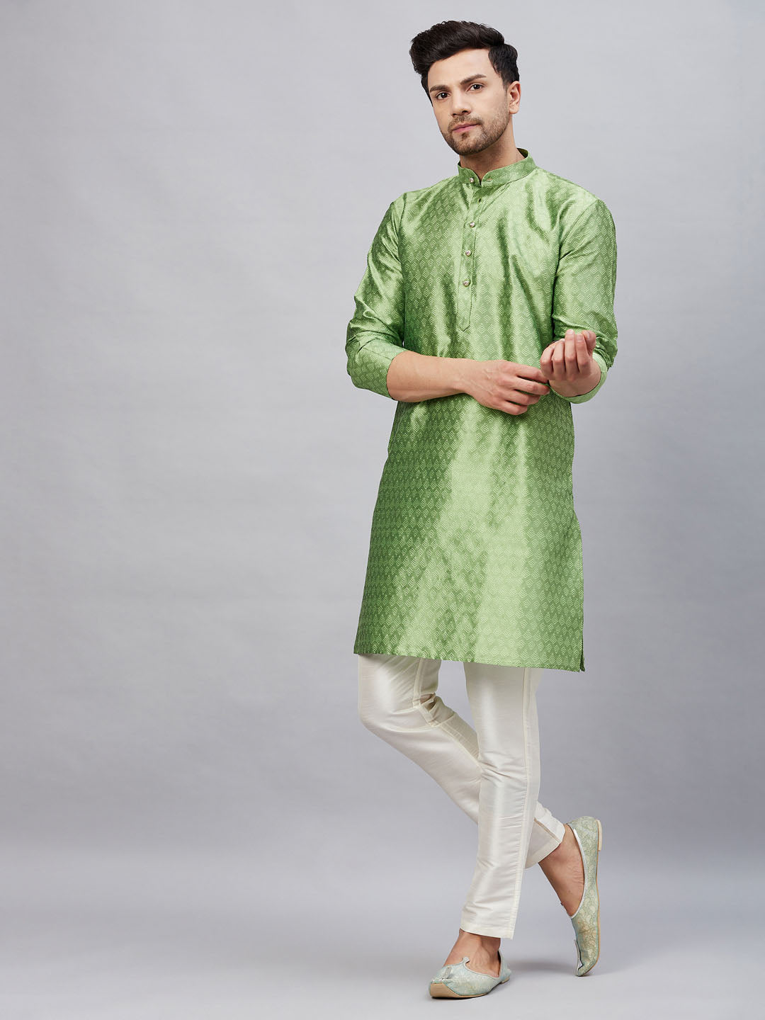 Vastramay mens mint green woven silk blend kurta with cream pant style pyjama set