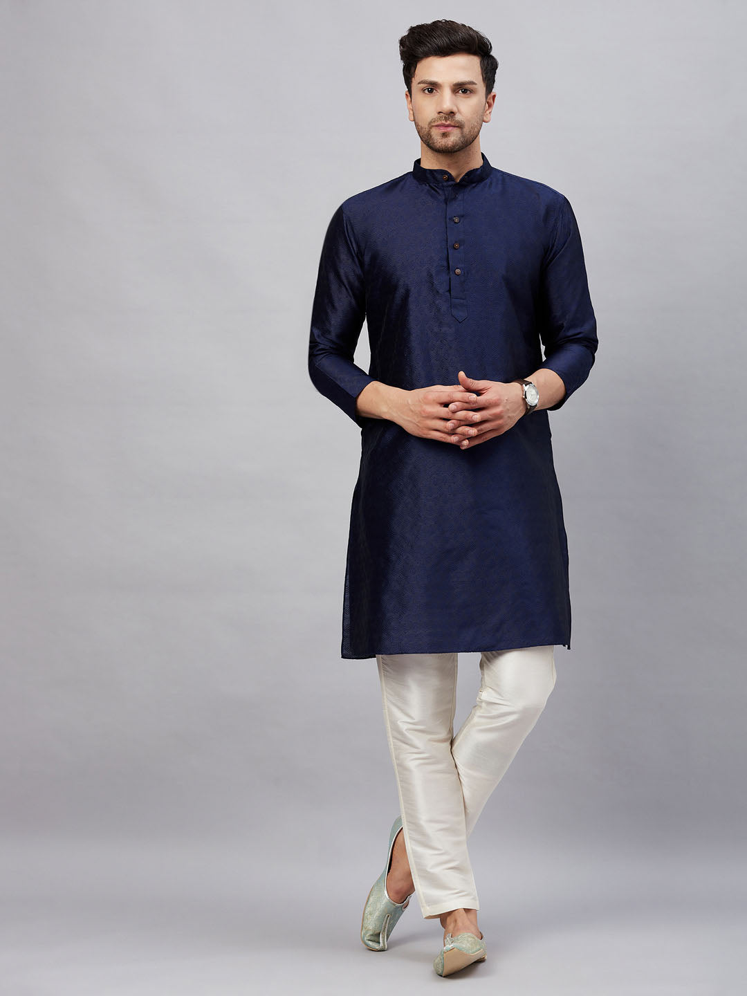 Vastramay mens navy blue woven silk blend kurta with cream pant style pyjama set