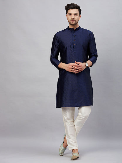 Vastramay mens navy blue woven silk blend kurta with cream pant style pyjama set