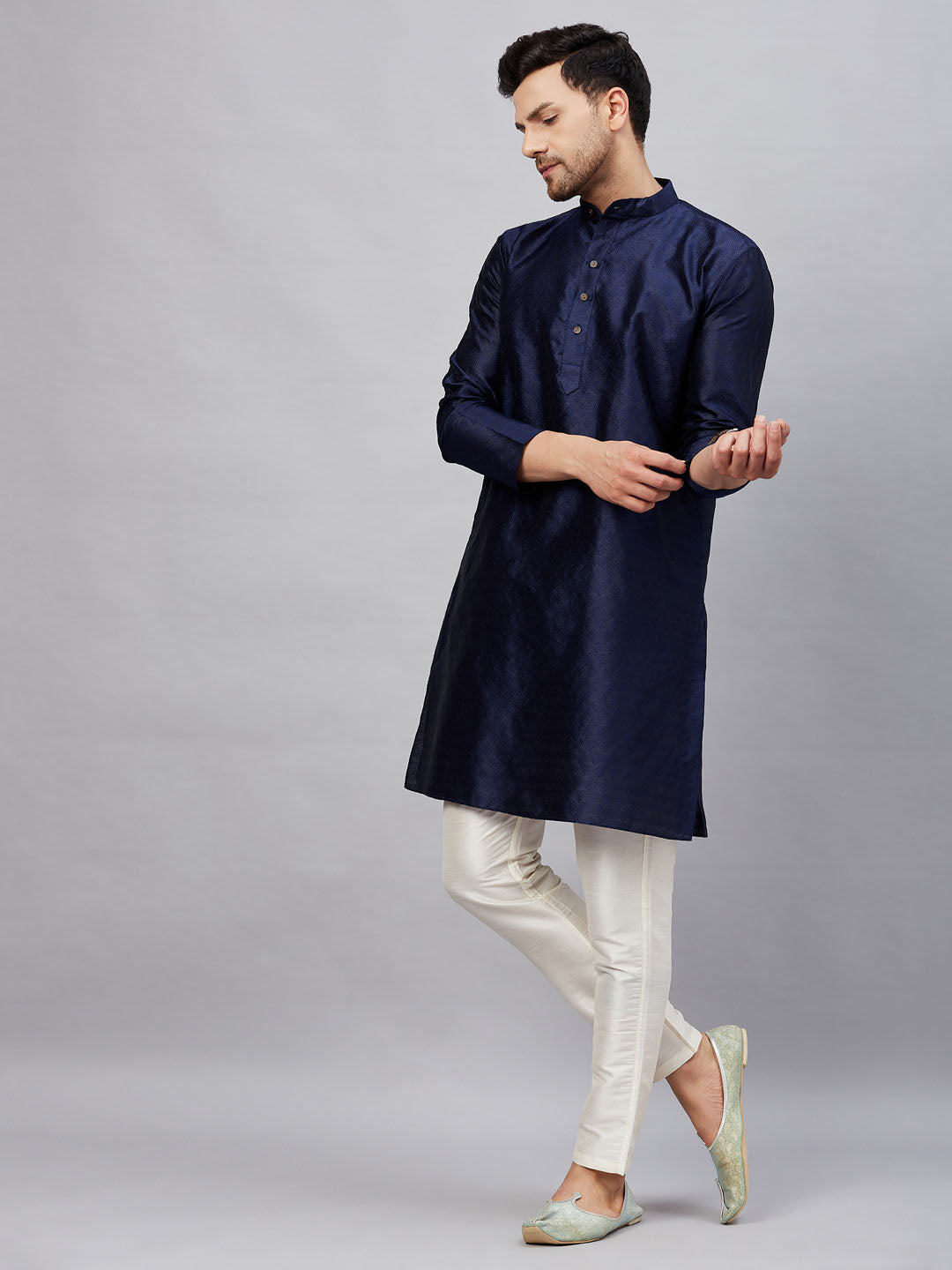 Vastramay mens navy blue woven silk blend kurta with cream pant style pyjama set