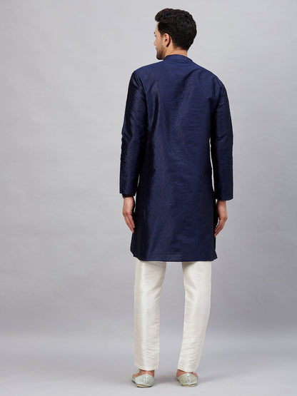 Vastramay mens navy blue woven silk blend kurta with cream pant style pyjama set