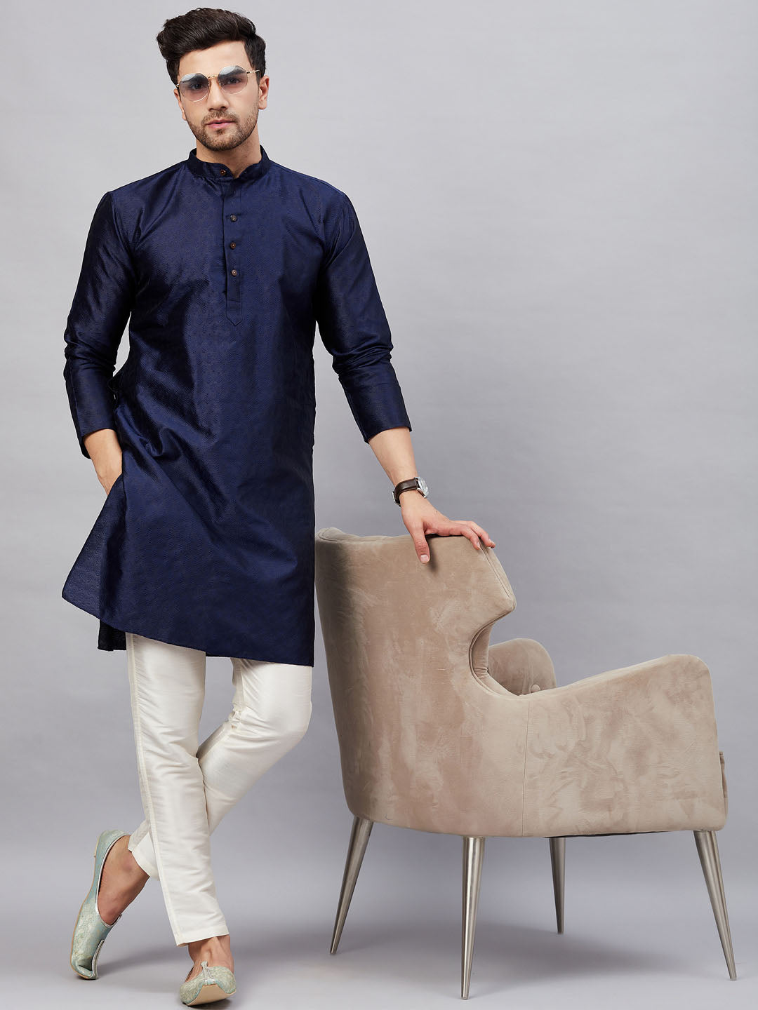 Vastramay mens navy blue woven silk blend kurta with cream pant style pyjama set