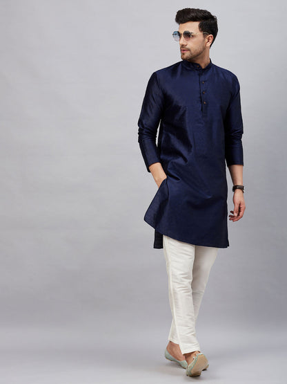 Vastramay mens navy blue woven silk blend kurta with cream pant style pyjama set