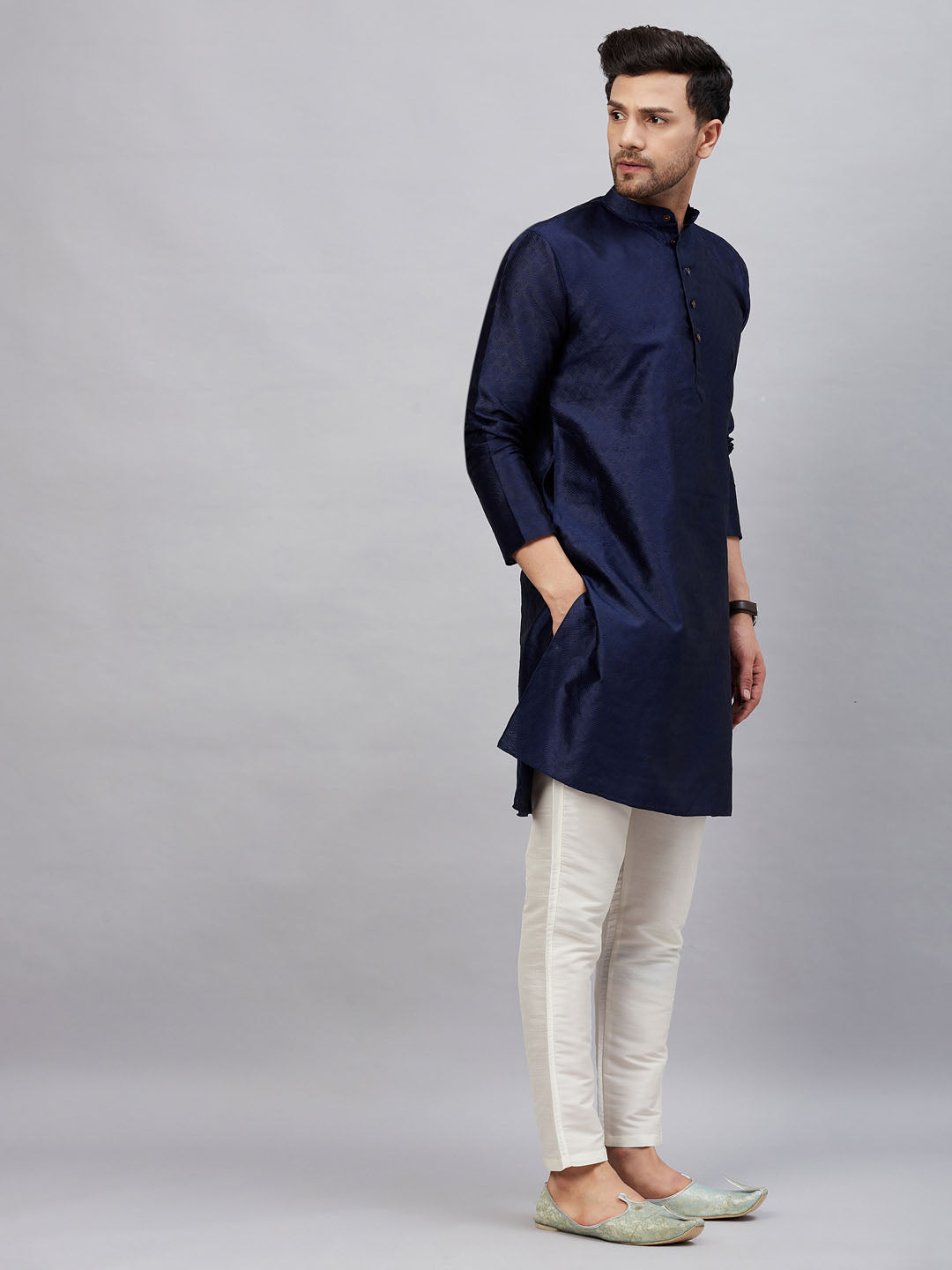 Vastramay mens navy blue woven silk blend kurta with cream pant style pyjama set