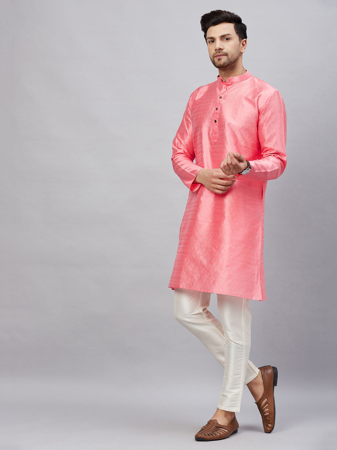 Vastramay mens pink woven silk blend kurta with cream pant style pyjama set