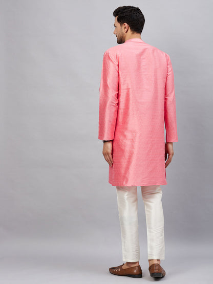 Vastramay mens pink woven silk blend kurta with cream pant style pyjama set