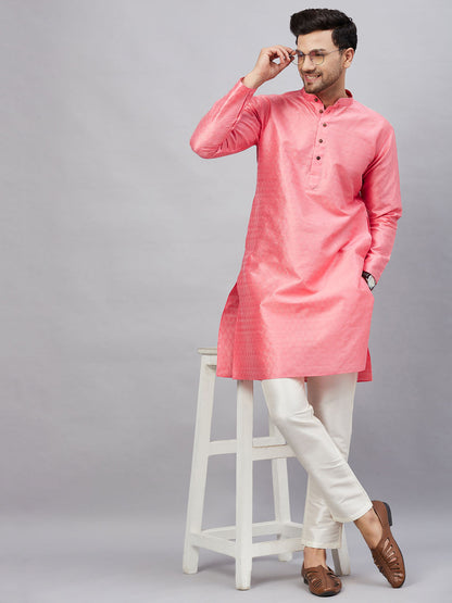 Vastramay mens pink woven silk blend kurta with cream pant style pyjama set