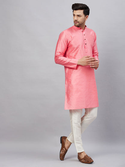 Vastramay mens pink woven silk blend kurta with cream pant style pyjama set