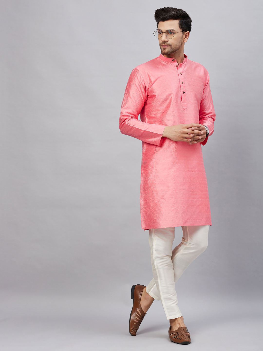 Vastramay mens pink woven silk blend kurta with cream pant style pyjama set