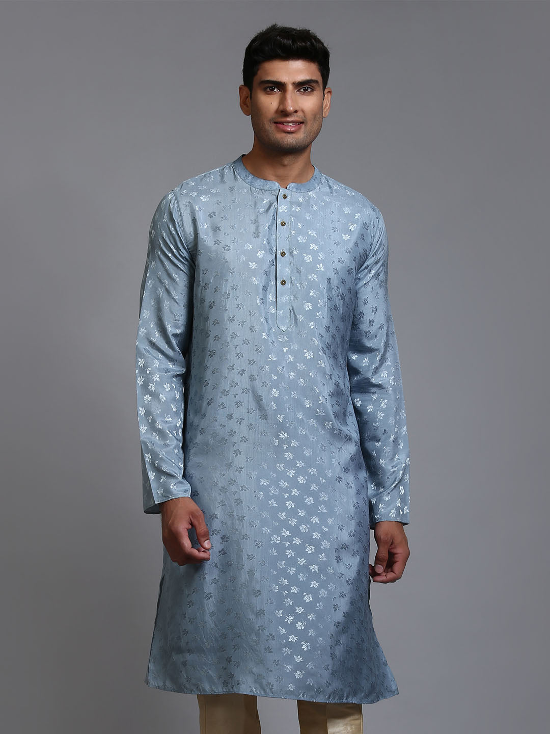 VASTRAMAY Men's Grey Jacquard Kurta