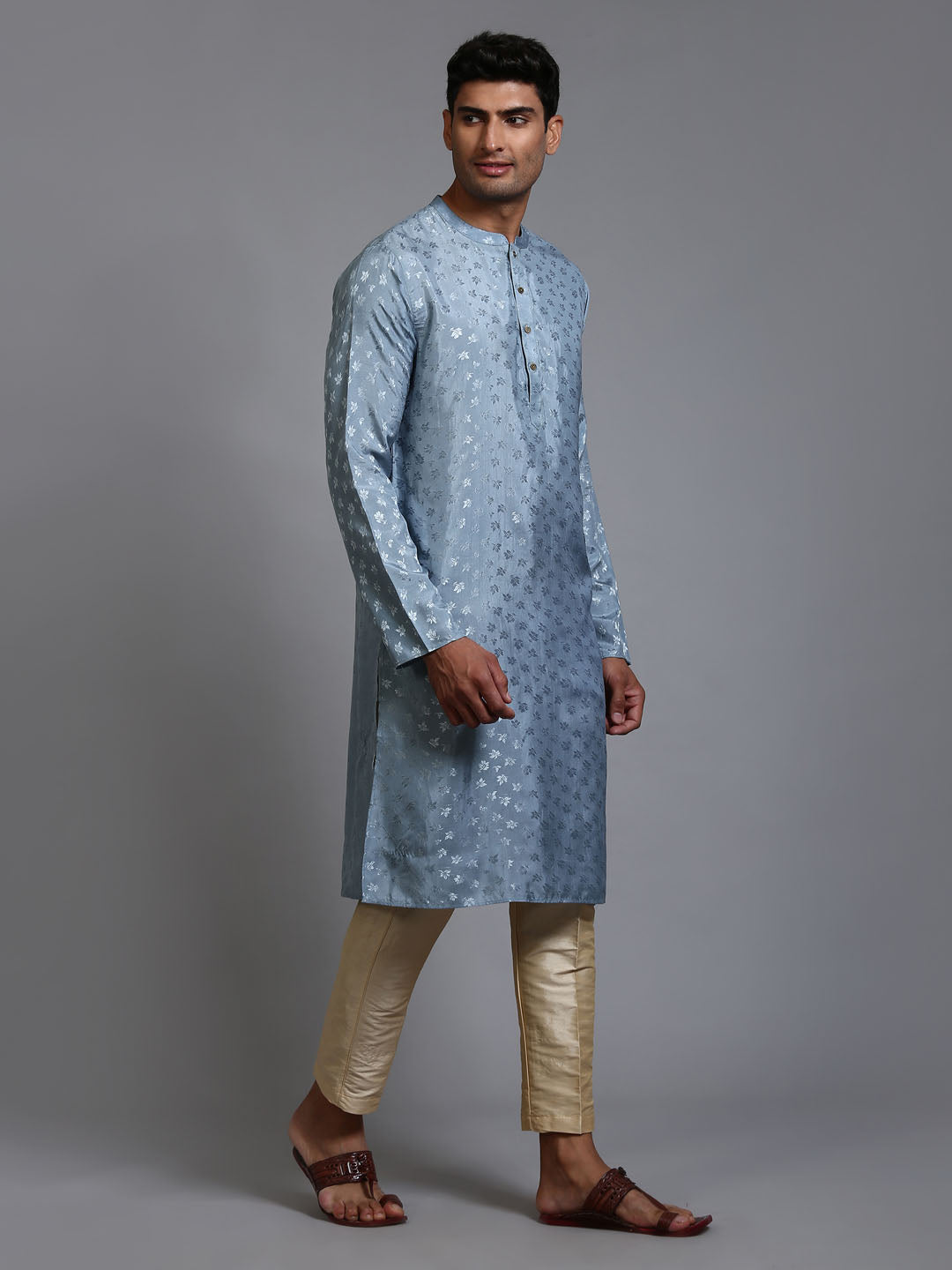 VASTRAMAY Men's Grey Jacquard Kurta with Pant Set