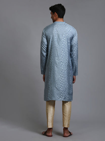 Vastramay Men's Grey Jacquard Kurta with Pant Set