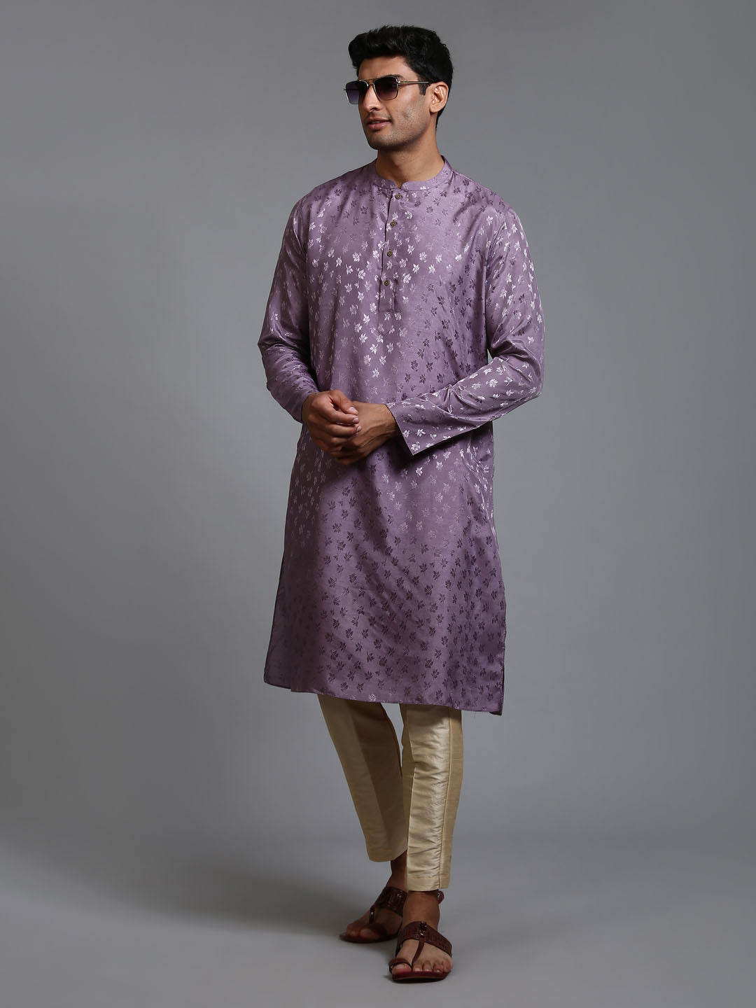 VASTRAMAY Men's Purple Jacquard Kurta with Pant Set